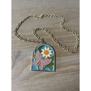 Vintage 70s Butterfly Flower‎ Enamel Pendant Neclace 15" Gold Costume Jewelery